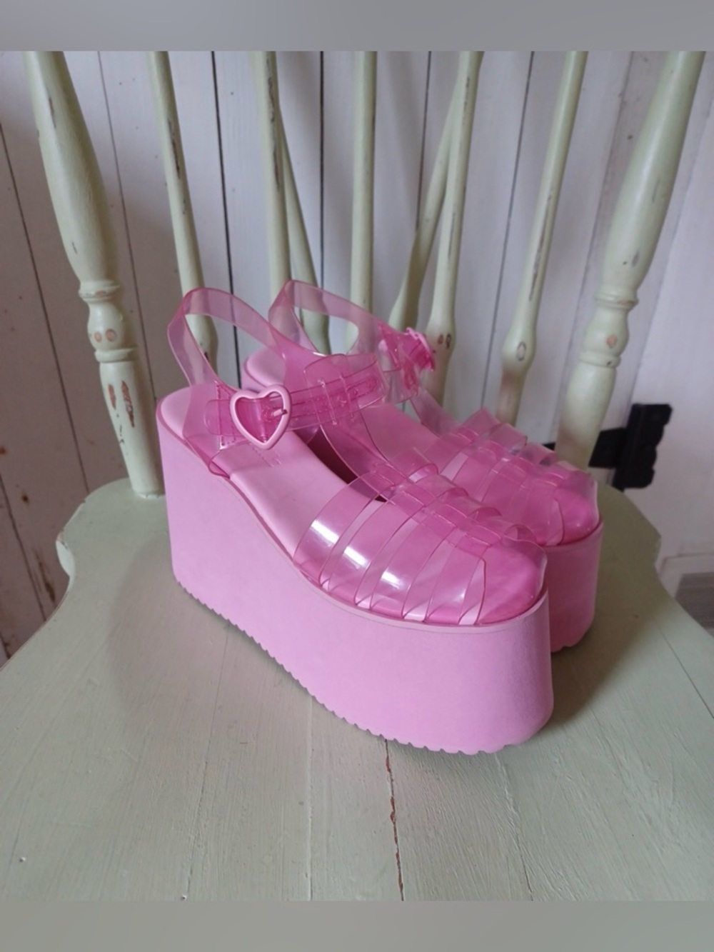 Sugar Thrillz Pink Heart-Buckle Platform Jelly Sandals - Picture 3 of 10